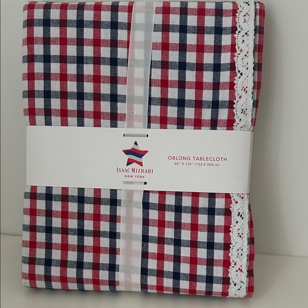 Isaac Mizrahi 4th of July Red White and Blue Gingham Oblong Tablecloth Lace Trim - Picture 2 of 8
